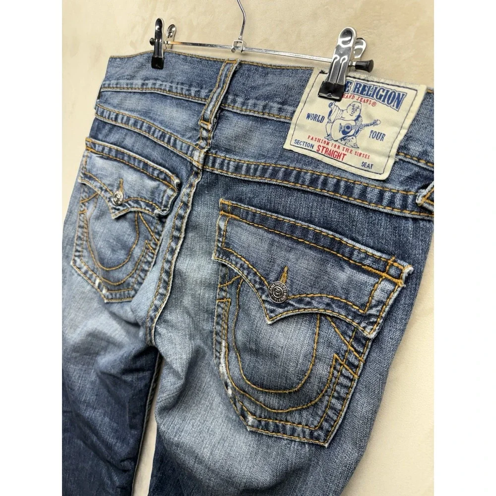 True Religion Ricky Jeans Men's 33 Blue Distressed Straight Flap Big T MJA859M6